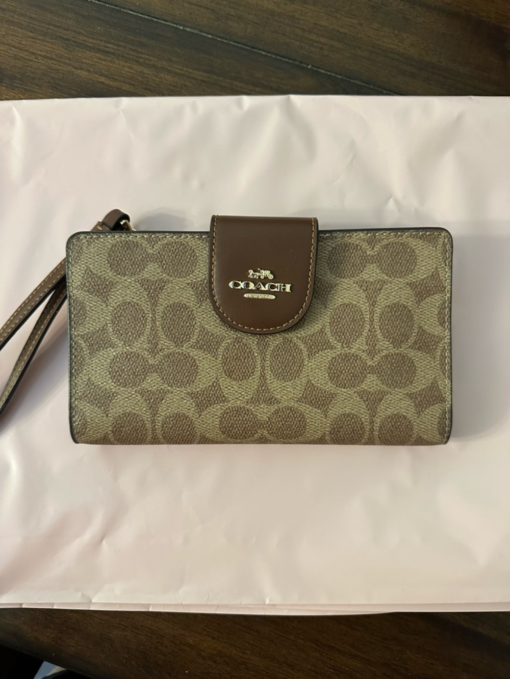 Coach Brown Signature Canvas Wristlet Wallet with Leather Tab
